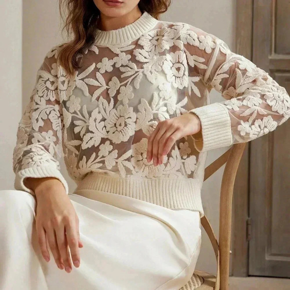 White Casual Women's Sexy Flower Jacquard Sheer Mesh Panel Sweater - Picture 4 of 7